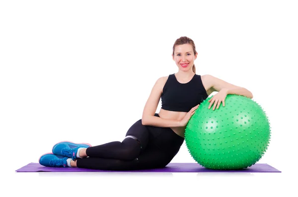 Mujer haciendo ejercicios con pelota en blanco —  Fotos de Stock