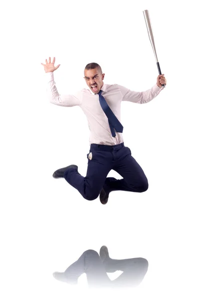 Saltando homem de negócios com bastão de beisebol — Fotografia de Stock
