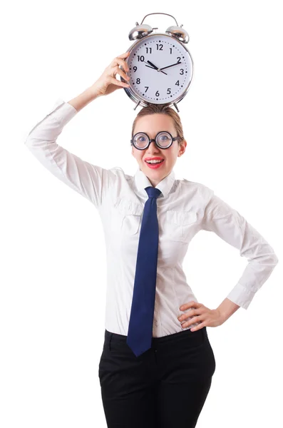 Nerd businesswoman with gian alarm clock — Stock Photo, Image