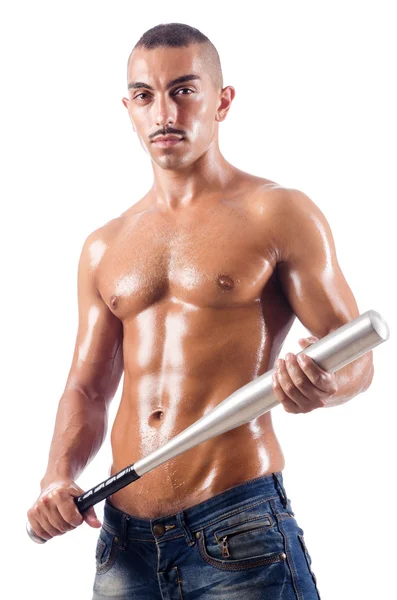 Muscular man with baseball bat on white — Stock Photo, Image