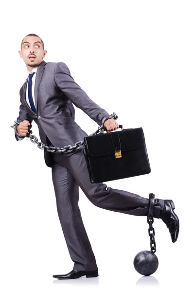 Businessman with shackles on white — Stock Photo, Image