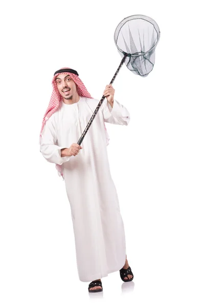 Arab businessman with catching net on white — Stock Photo, Image