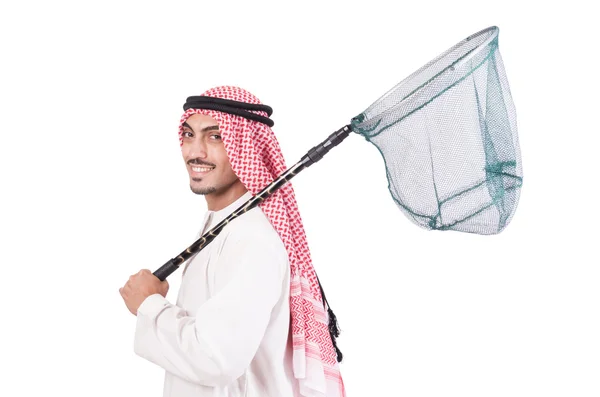 Arab businessman with catching net on white — Stock Photo, Image