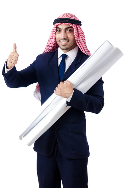 Arab engineer with drawings on white — Stock Photo, Image