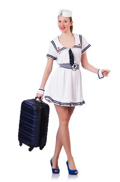 Airhostess with luggage on white — Stock Photo, Image