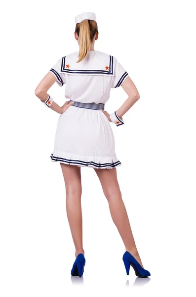 Beyaz zemin üzerine denizci elbiseli kadın — Stok fotoğraf
