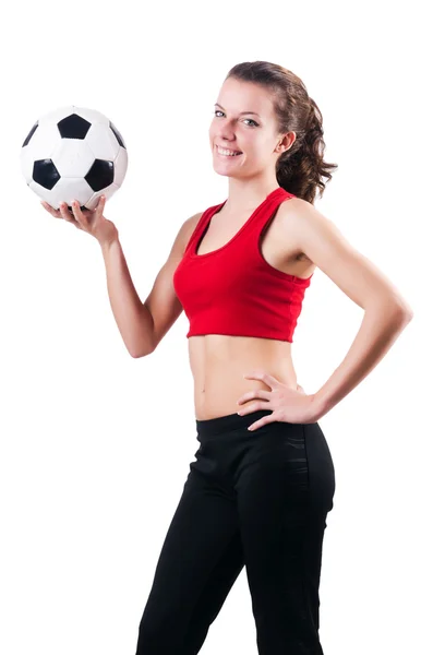 Femme jouant au football sur blanc — Photo