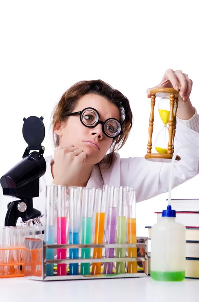 Crazy woman chemist in lab — Stock Photo, Image