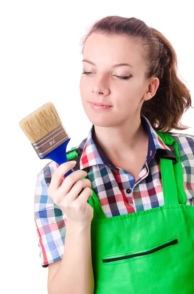 Woman painter with paintbrush on white — Stock Photo, Image