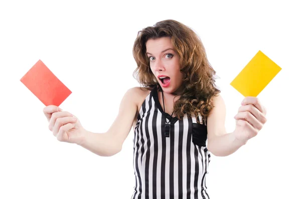 Woman referee with card on white — Stock Photo, Image