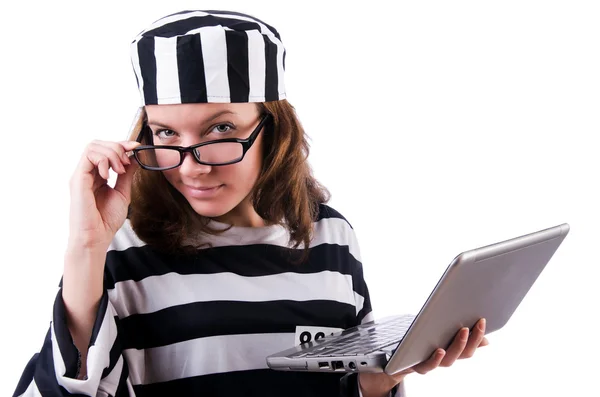 Criminele hacker met laptop op witte — Stockfoto