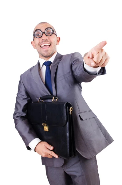 Divertido empollón hombre de negocios en el blanco — Foto de Stock