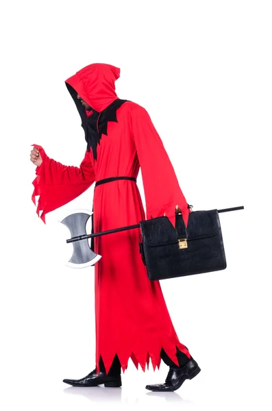 Executioner in red costume with axe on white — Stock Photo, Image