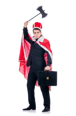 Kralcılık oynayan iş adamı beyazda izole edilmiş.