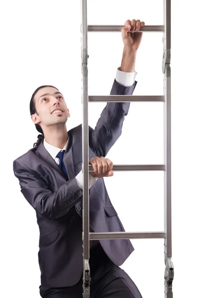 Бізнесмен піднімається по сходах ізольовано на білому — стокове фото