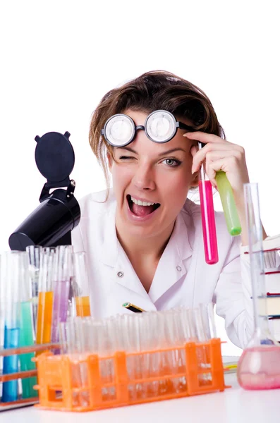 Crazy woman chemist in lab — Stock Photo, Image