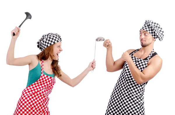 Pair of funny cooks on white — Stock Photo, Image