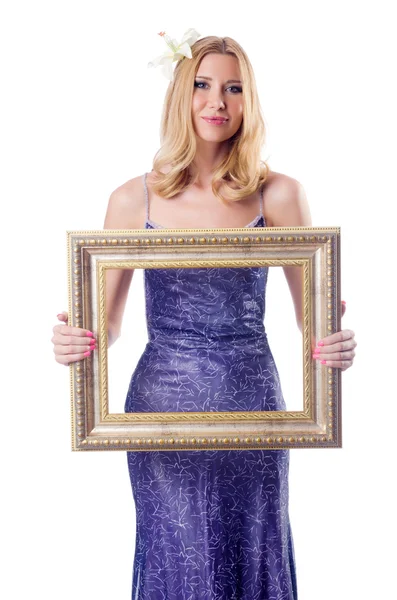 Woman with picture frame on white — Stock Photo, Image