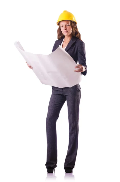 Travailleur de la construction femme avec casque dur sur blanc — Photo