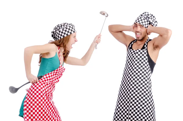 Pair of funny cooks on white — Stock Photo, Image