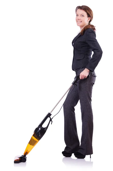 Young woman with vacuum cleaner on white — Stock Photo, Image