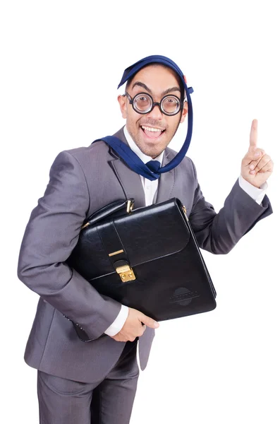 Homem de negócios nerd engraçado no branco — Fotografia de Stock