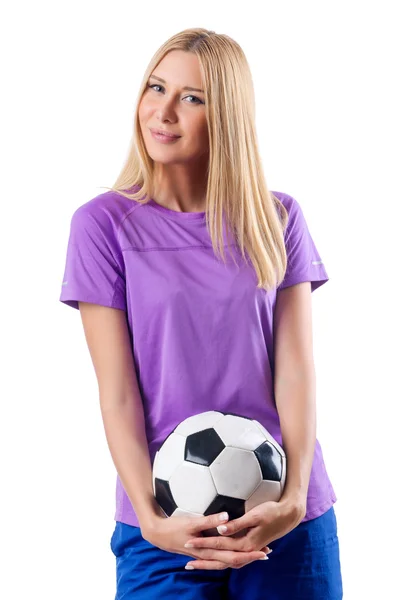 Mulher jogando futebol no branco — Fotografia de Stock