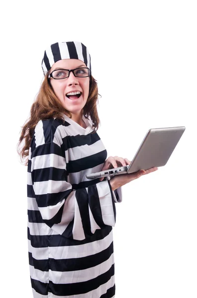 Criminal hacker with laptop on white — Stock Photo, Image
