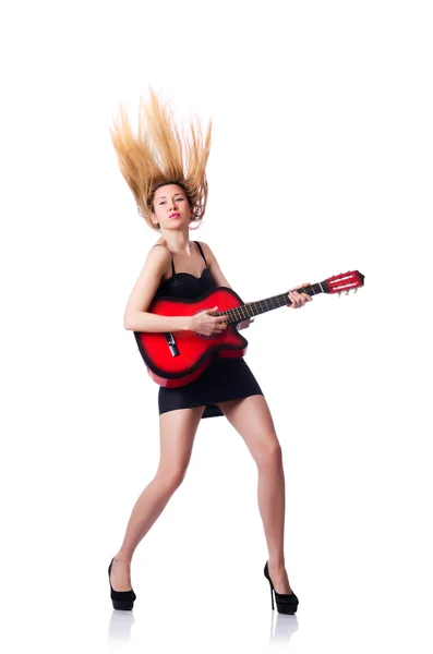 Female guitar player isolated on white — Stock Photo, Image