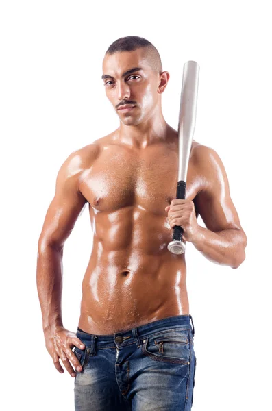 Muscular man with baseball bat on white — Stock Photo, Image