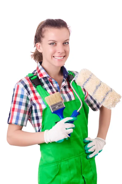 Woman painter with paintbrush on white — Stock Photo, Image