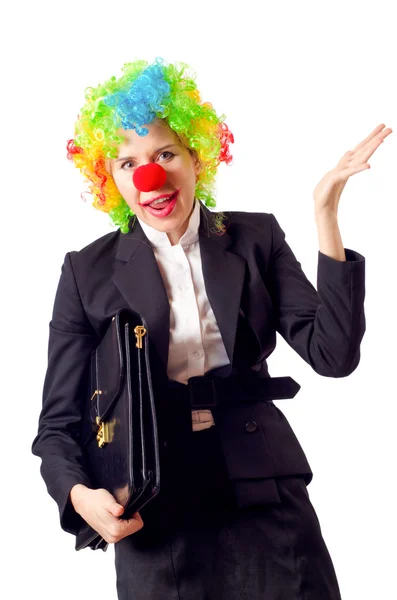 Woman clown in business suit — Stock Photo, Image