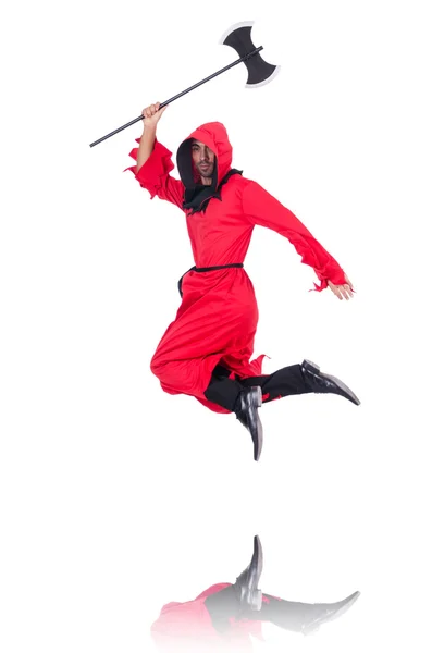 Executioner in red costume with axe on white — Stock Photo, Image