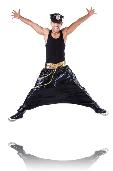 Rap dancer in wide pants on white — Stock Photo, Image