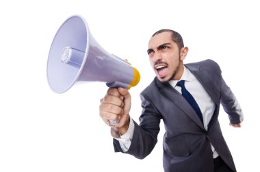 Hoparlörü beyaz olan genç iş adamı.