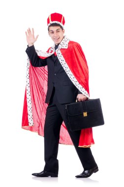 Kralcılık oynayan iş adamı beyazda izole edilmiş.