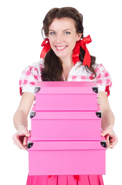 Mujer joven con cajas de almacenamiento en blanco —  Fotos de Stock