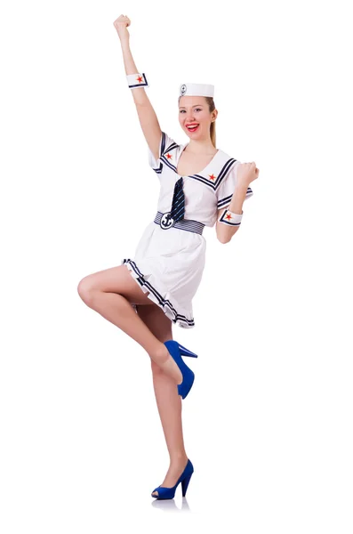 Vrouw in sailor suit op witte achtergrond — Stockfoto