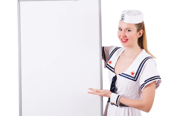 Mujer marinera con tablero en blanco sobre blanco —  Fotos de Stock