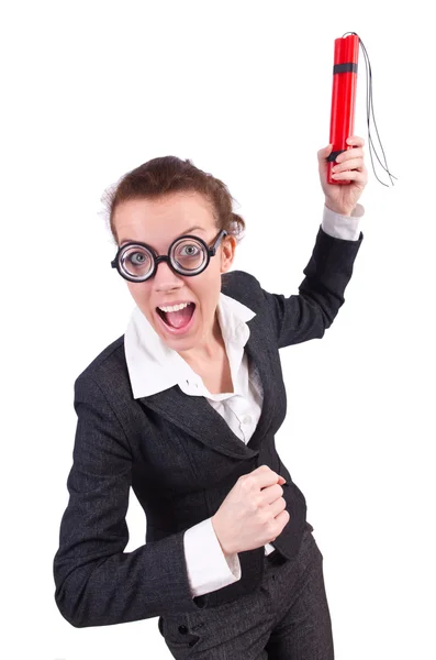 Businesswoman with dynamite on white — Stock Photo, Image