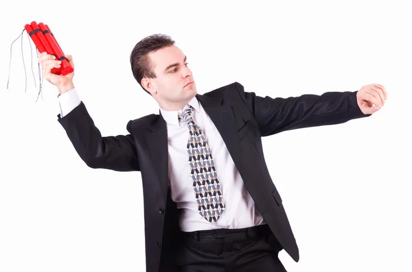 Businessman with dynamite isolated on white — Stock Photo, Image