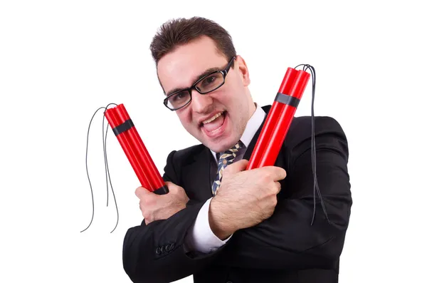 Businessman with dynamite isolated on white — Stock Photo, Image