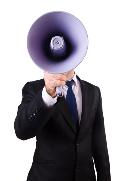 Young businessman with loudspeaker on white — Stock Photo, Image