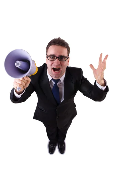 Young businessman with loudspeaker on white — Stock Photo, Image