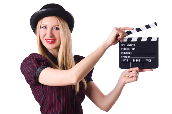 Frau Gangster mit Filmtafel auf weiß — Stockfoto