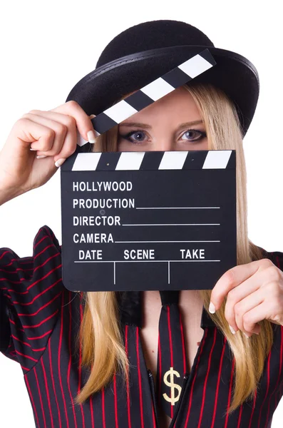 Woman gangster with movie board on white — Stock Photo, Image