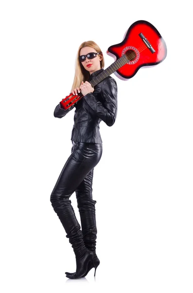 Woman guitar player in leather costume — Stock Photo, Image