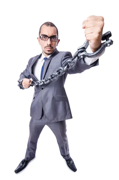 Businessman with handcuffs on white — Stock Photo, Image