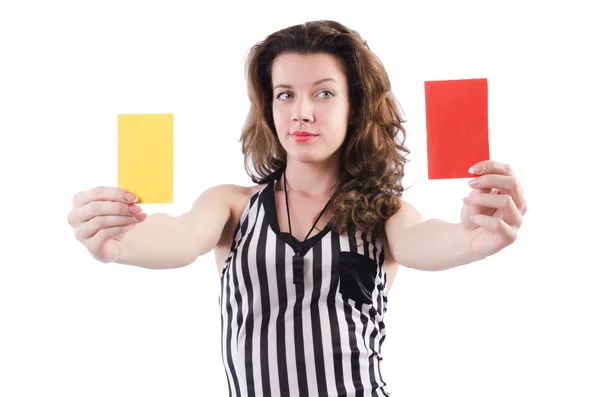 Woman referee with card on white — Stock Photo, Image