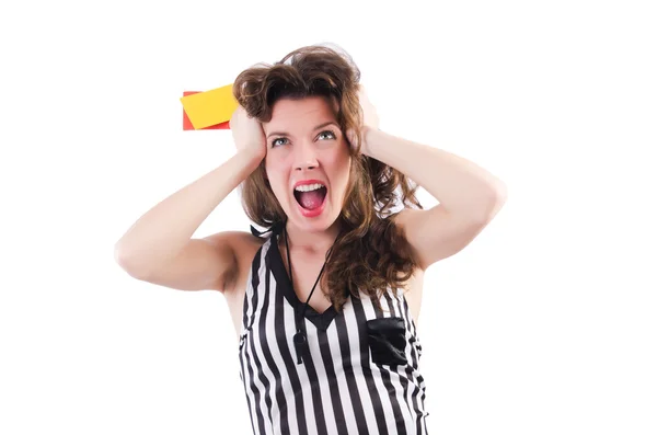 Woman referee with card on white — Stock Photo, Image